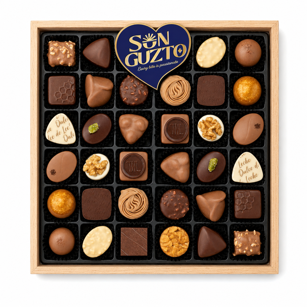 Sun Guzto Sun Guzto Wooden Premium Chocolate Assortment package on white background