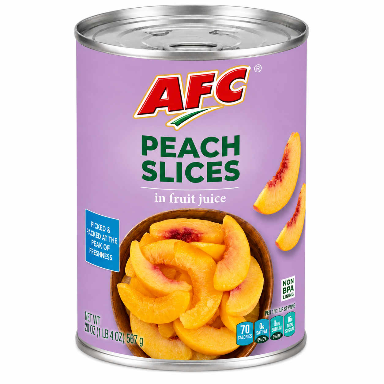 AFC Peach Slices in Fruit Juice can, Net Wt. 20 oz (567 g)