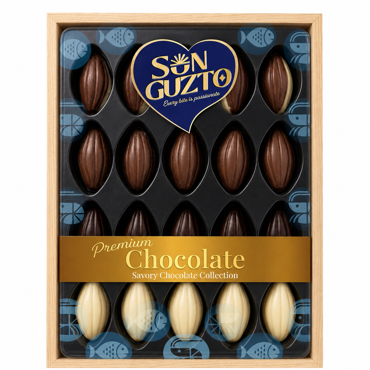 Sun Guzto premium cocoa pod chocolate gift box on white background