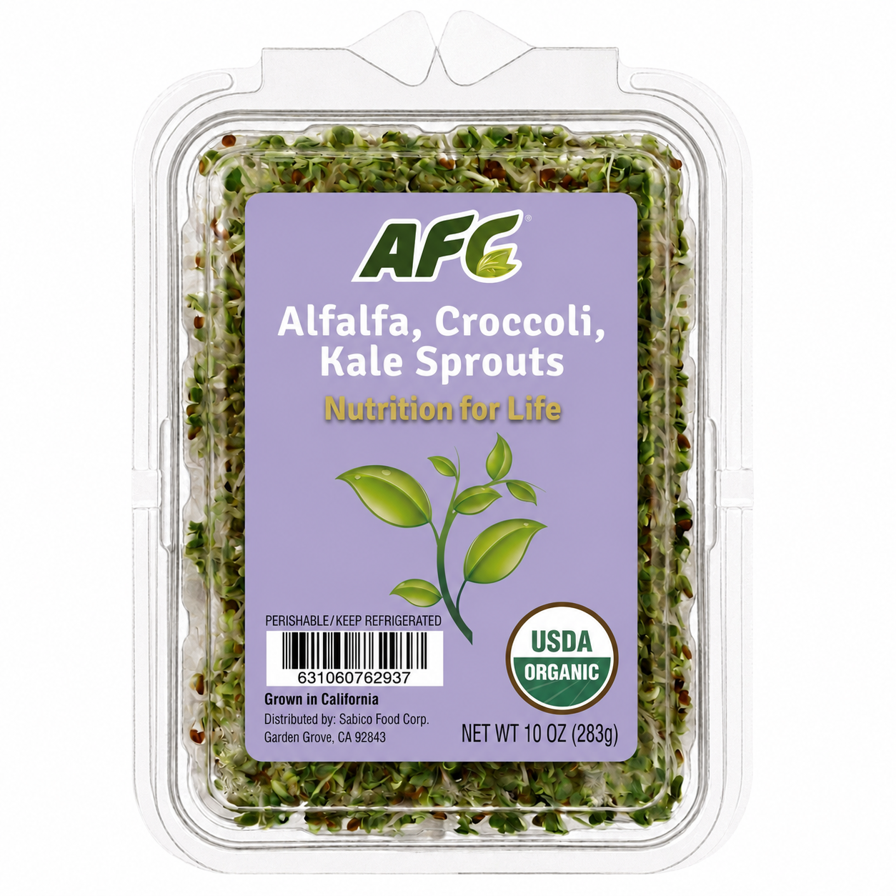 AFC Alfalfa Croccoli Kale Sprouts package on white background