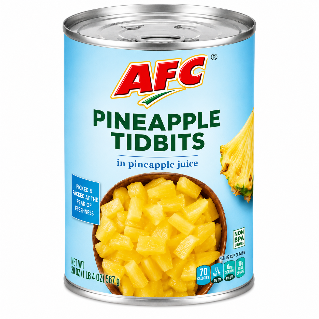 AFC Pineapple Tidbits can on white background